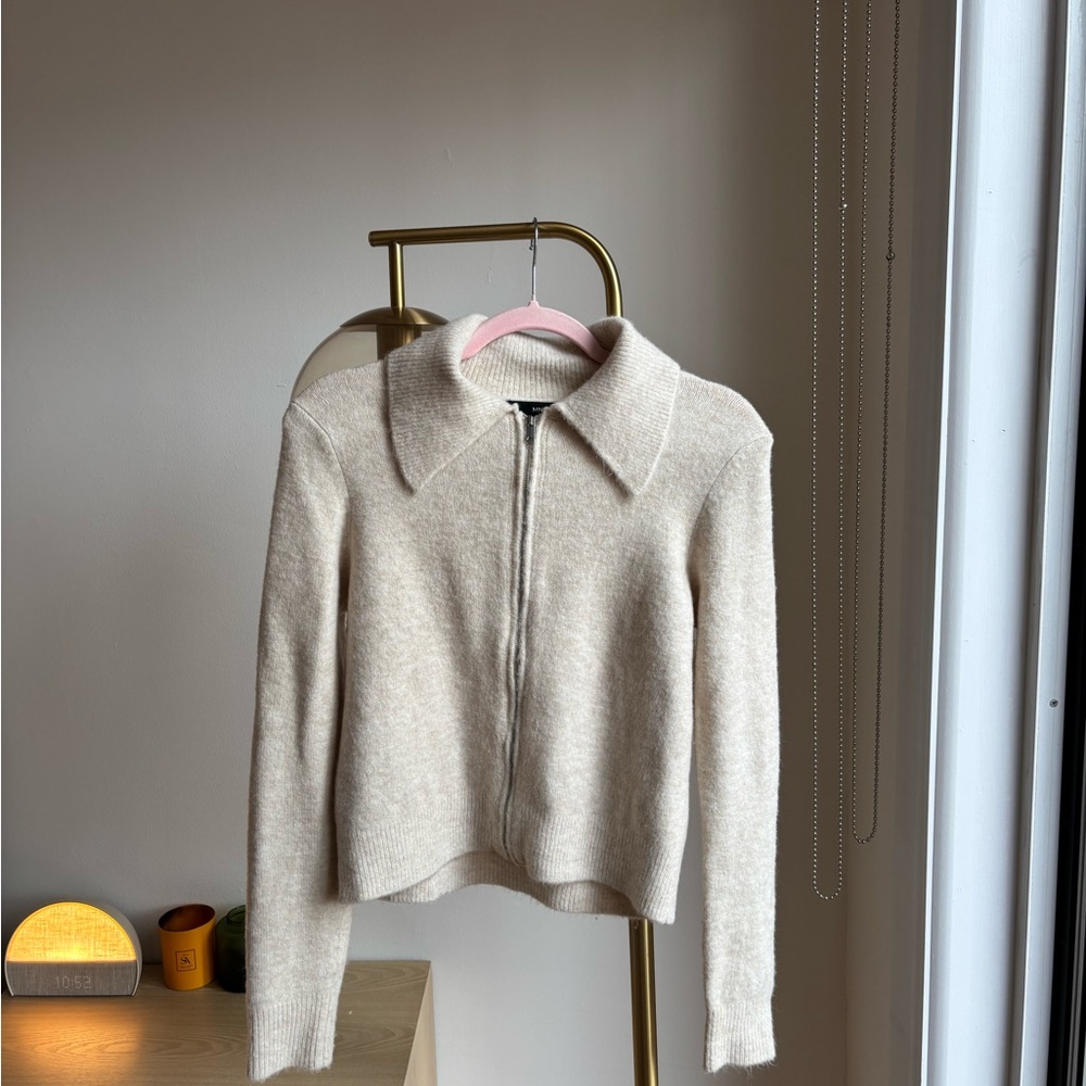 Mango Cream Knit Zip-up Sweater